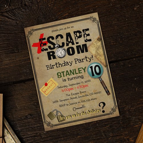 Vintage Escape Room Mystery Birthday Party Invitation