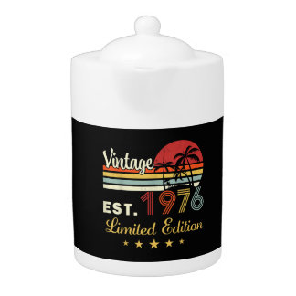 Vintage Est 1976 Retro Sunset Palm Trees Birthday Teapot