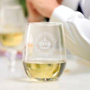Vintage Etched King's Crown and Laurel Wreath Stemless Wine Glass