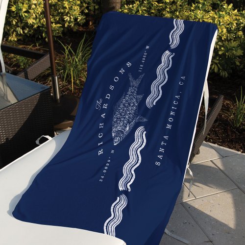 Vintage Etched Style Fish Waves Ocean Coordinates Beach Towel