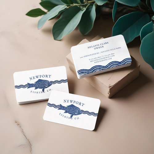 Vintage Etched Style Fish Waves Ocean Theme White Business Card
