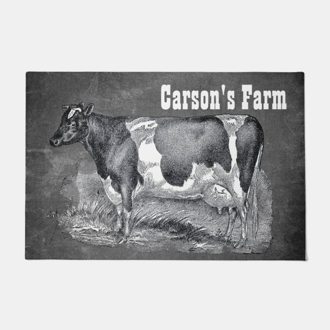 Vintage Etching, Black and White Cow, Doormat (Front)