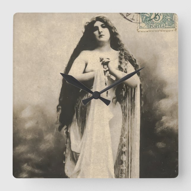 Vintage Ethereal Goddess Postcard Square Wall Clock (Front)