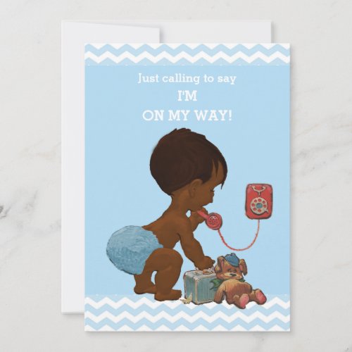 Vintage Ethnic Boy on Phone Baby Shower Chevrons Invitation