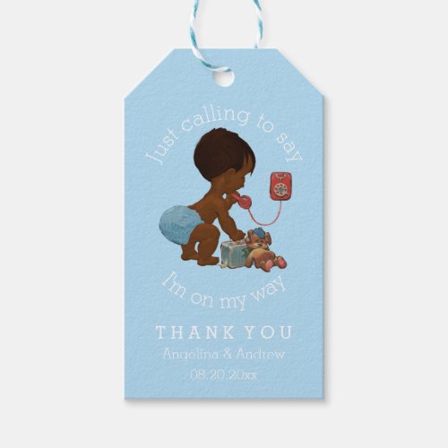 Vintage Ethnic Boy on Phone Baby Shower Thank You Gift Tags