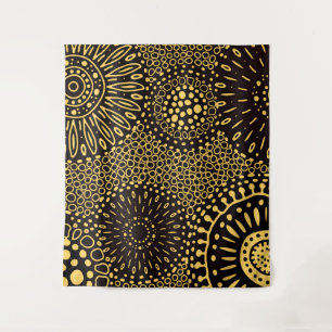 Vintage Ethnic Floral Black Gold Pattern Tapestry