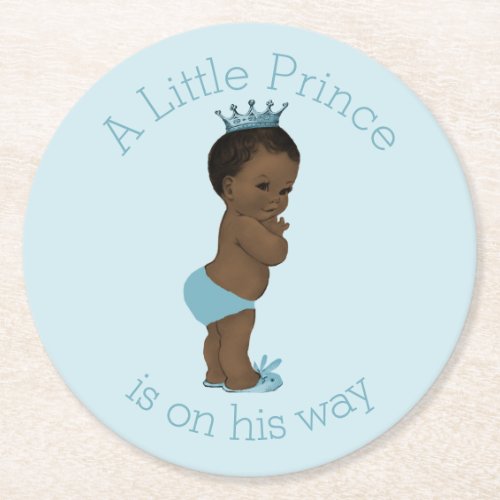 Vintage Ethnic Little Prince Baby Shower Blue Round Paper Coaster