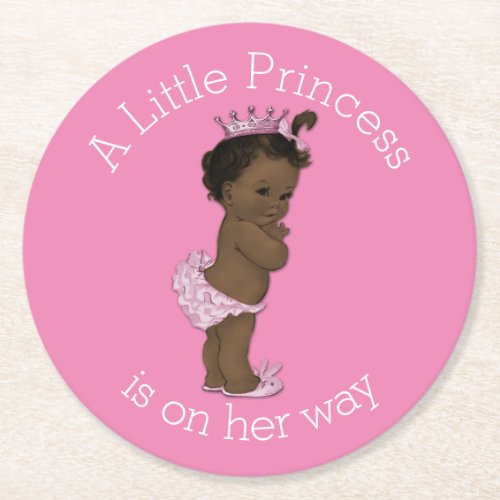 Vintage Ethnic Little Princess Baby Shower Pink Round Paper Coaster