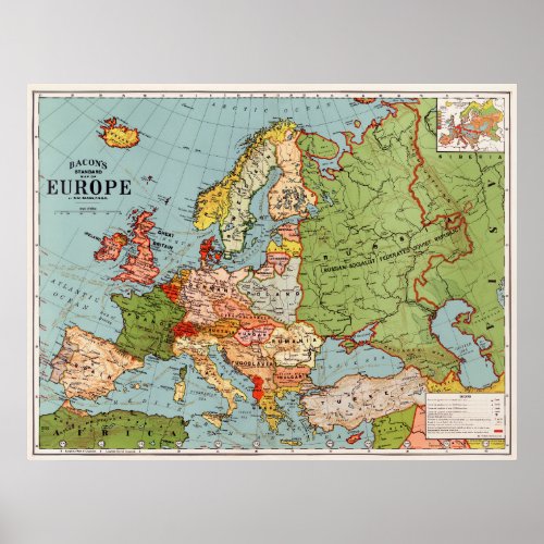 Vintage Europe 20th Century Bacons Standard Map Poster