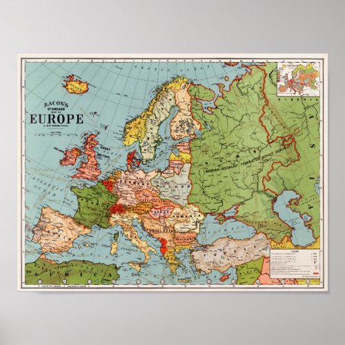 Vintage Europe 20th Century Bacons Standard Map Poster
