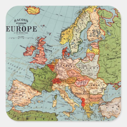 Vintage Europe 20th Century Bacons Standard Map Square Sticker
