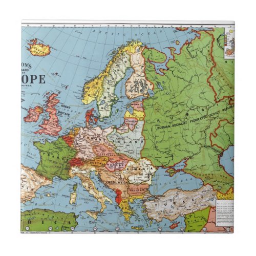 Vintage Europe 20th Century General Map Ceramic Tile