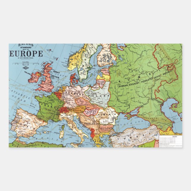Vintage Europe 20th Century General Map Rectangular Sticker (Front)