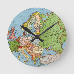Vintage Europe 20th Century General Map Round Clock