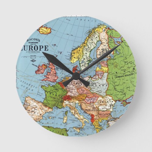 Vintage Europe 20th Century General Map Round Clock