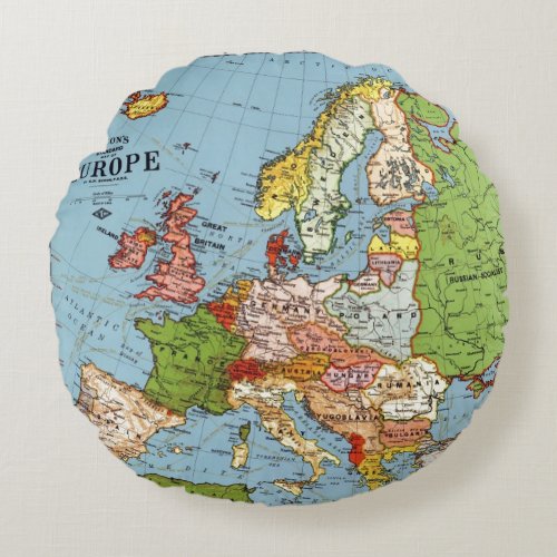 Vintage Europe 20th Century General Map Round Pillow