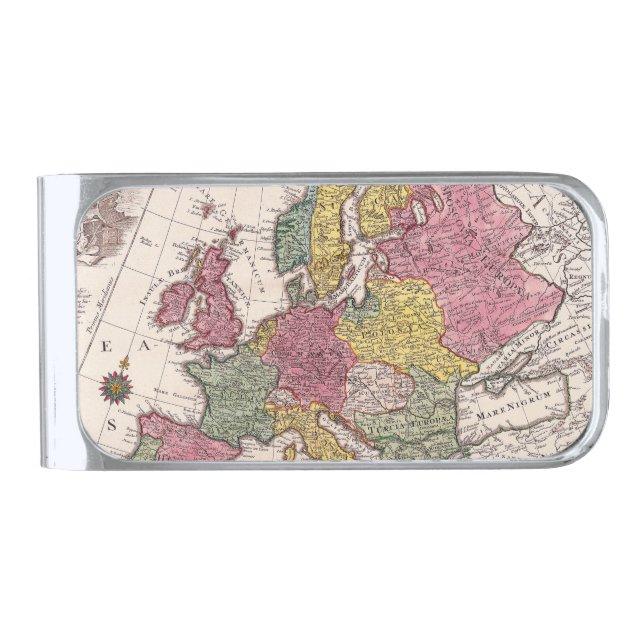 Vintage Europe Map Silver Finish Money Clip (Front)