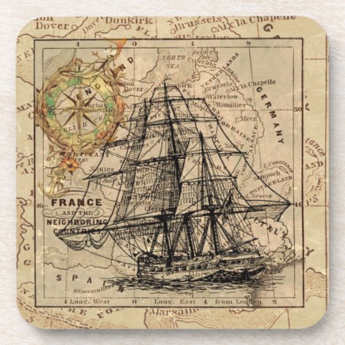 Vintage Europe Old Navigation Nautical Map Beverage Coaster