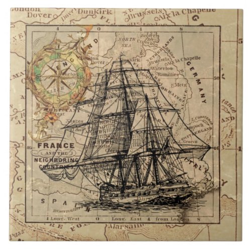 Vintage Europe Old Navigation Nautical Map Ceramic Tile