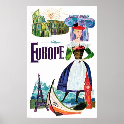 Vintage Europe Travel Paris Venice Rome Greece Poster