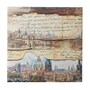 Vintage European Cityscape with Handwritten Letter Ceramic Tile