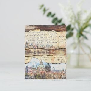 Vintage European Cityscape with Handwritten Letter Postcard