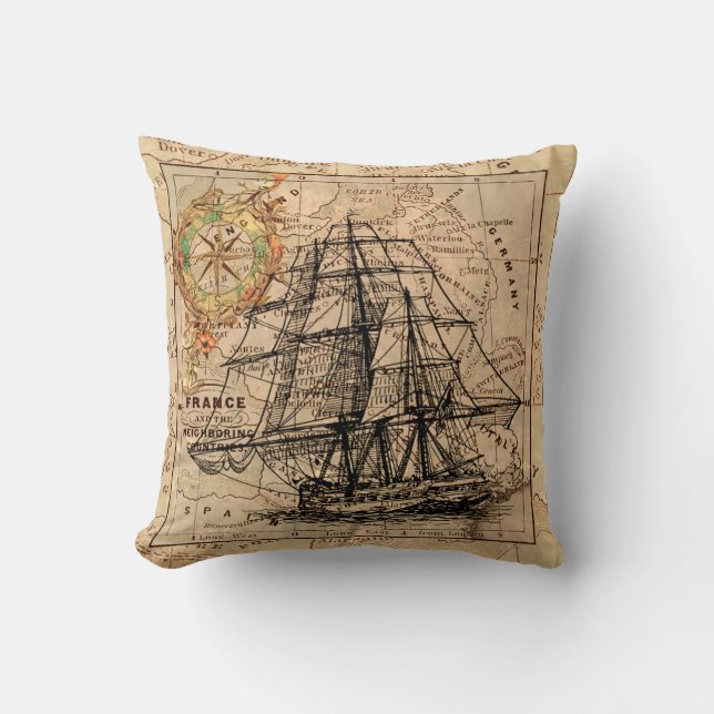 VINTAGE EUROPEAN MAP & SHIP THROW PILLOW (Front)