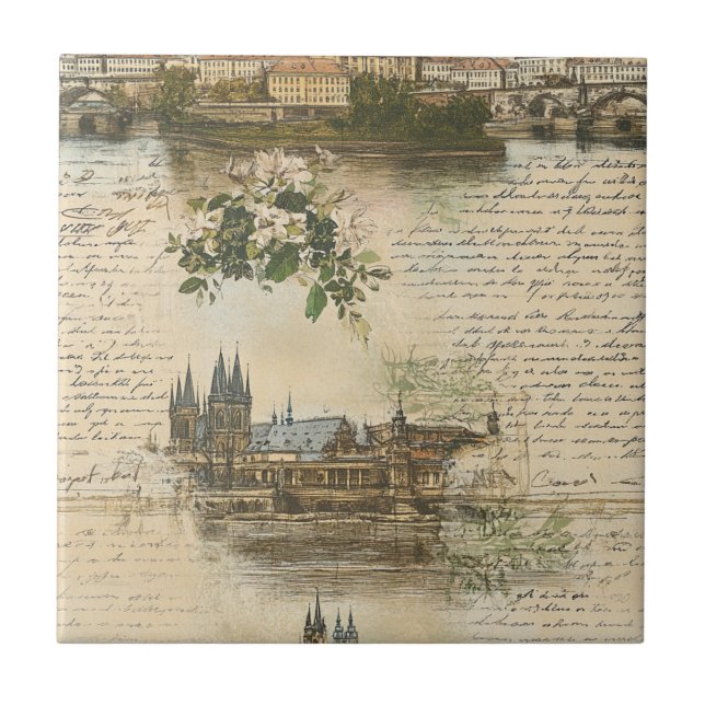 Vintage European River Scene - Handwritten Script Ceramic Tile (Front)