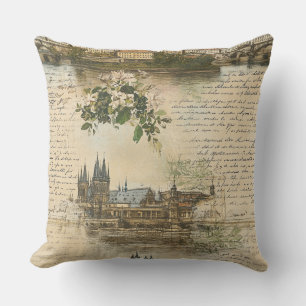 Vintage European River Scene - Handwritten Script Throw Pillow