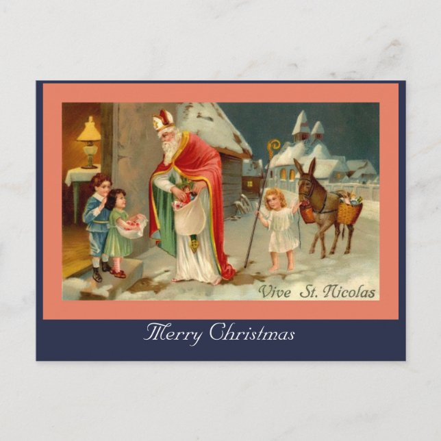 Vintage European Santa Saint Nicolas & Kids Image Postcard (Front)
