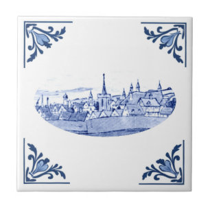 Vintage European Town Delft Blue & White Ceramic Tile