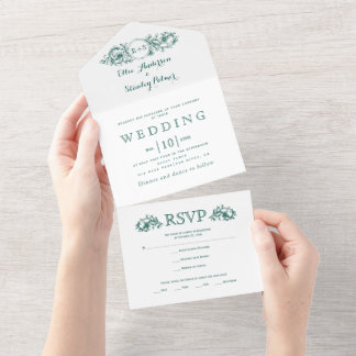Vintage evergreen floral frame white wedding all in one invitation