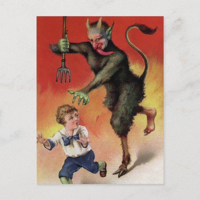 Vintage Evil Krampus Attacking Postcard (Front)