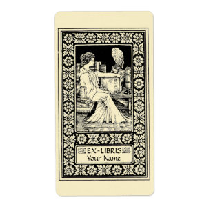 Vintage Ex Libris Girl, Pen, Books & Owl Template Label