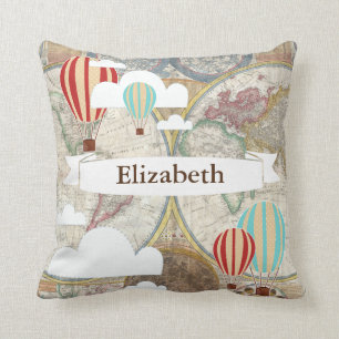 Vintage Explorer Hot Air Balloons World Map Name Throw Pillow