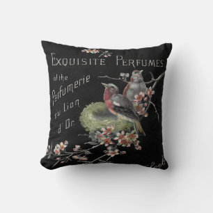 Vintage Exquisite Perfume Ephemera Ad with Birds Throw Pillow