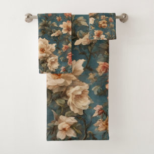 Vintage Exquisite White and Lush Coral Red Flowers Bath Towel Set