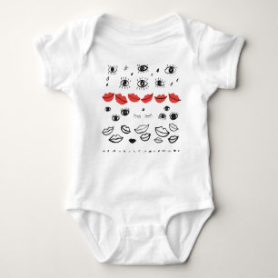 Vintage eyes, red lips pattern. baby bodysuit