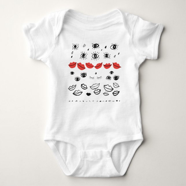 Vintage eyes, red lips pattern. baby bodysuit (Front)