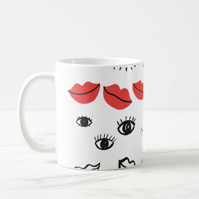 Vintage eyes, red lips pattern. coffee mug (Left)