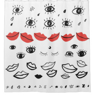 Vintage eyes, red lips pattern. shower curtain
