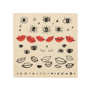 Vintage eyes, red lips pattern. wood wall art