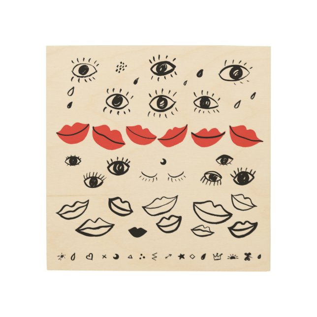 Vintage eyes, red lips pattern. wood wall art (Front)