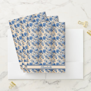 Vintage Fabric France Blue Flowers   Your Name  Pocket Folder
