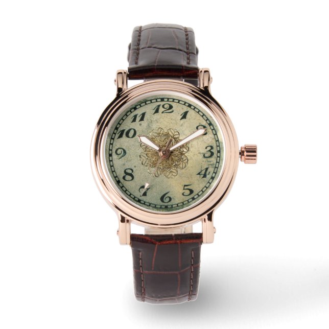 Vintage Face and Gold Metal Flower Watch (Front)