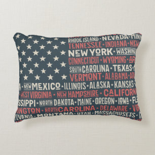 Vintage Faded American Flag State Names Words Art Accent Pillow