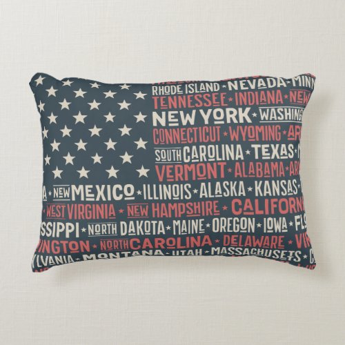 Vintage Faded American Flag State Names Words Art Accent Pillow