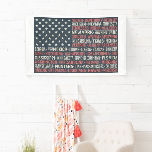 Vintage Faded American Flag State Names Words Art Banner