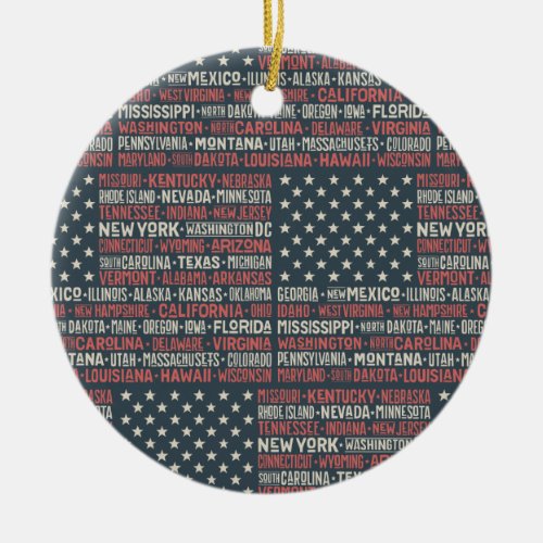 Vintage Faded American Flag State Names Words Art Ceramic Ornament