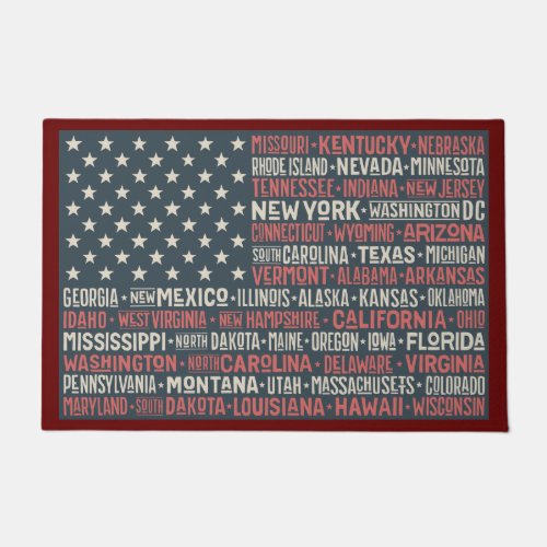 Vintage Faded American Flag State Names Words Art Doormat
